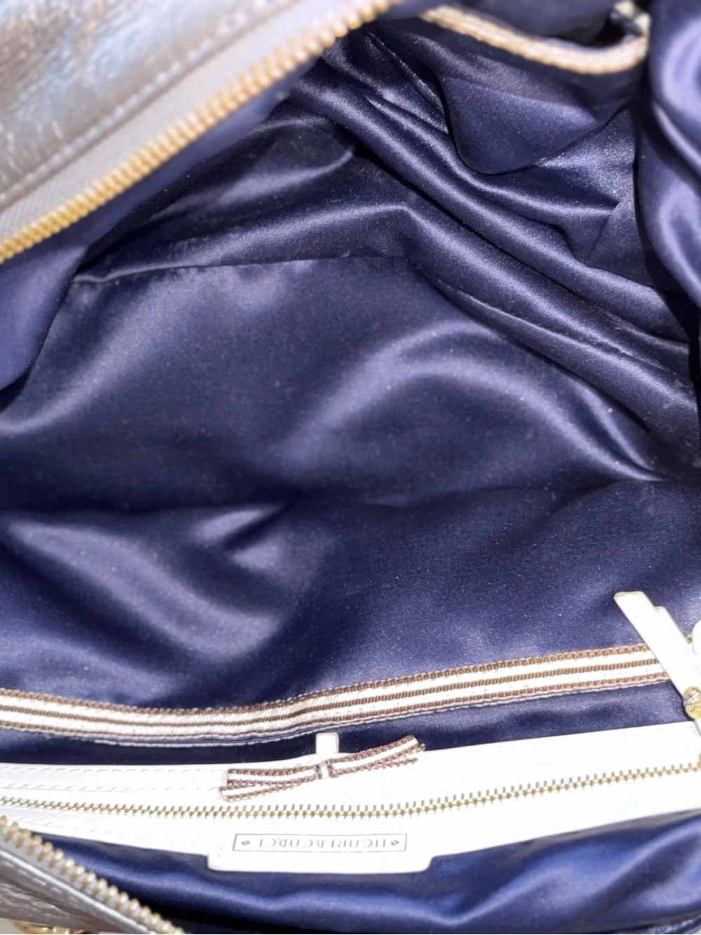 Henri Bendel Metallic Gunmetal Leather Satchel | Navy Satin Lining | Hangtag